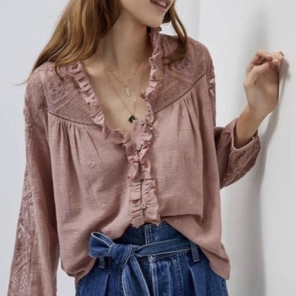 Anthropology Forever That Girl Pink Lace Peasant Front Button Top Size 4